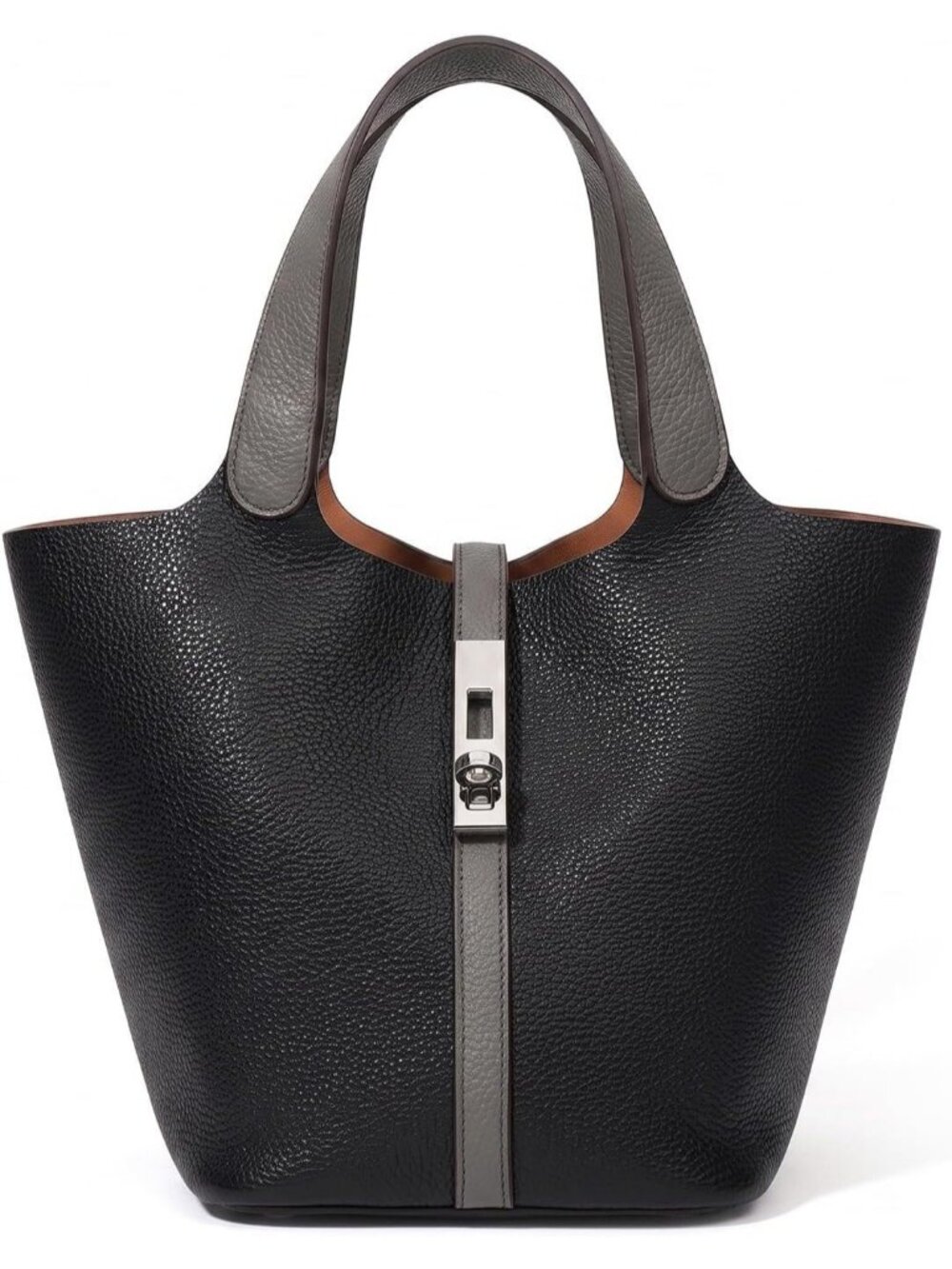 Women's Black Silver Vegan Leather Satchel Tote Handle Lock Design Bucket Purse